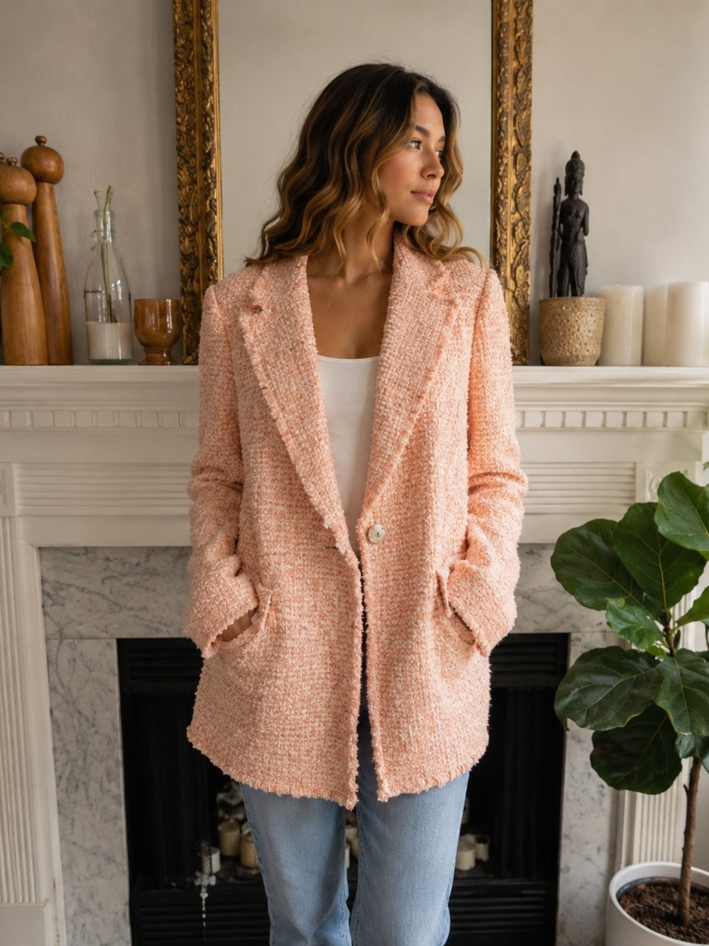 Mango Peach Pink Tweed Boucle Blazer Sz 3XL Fringe MNG Plus Office Academia